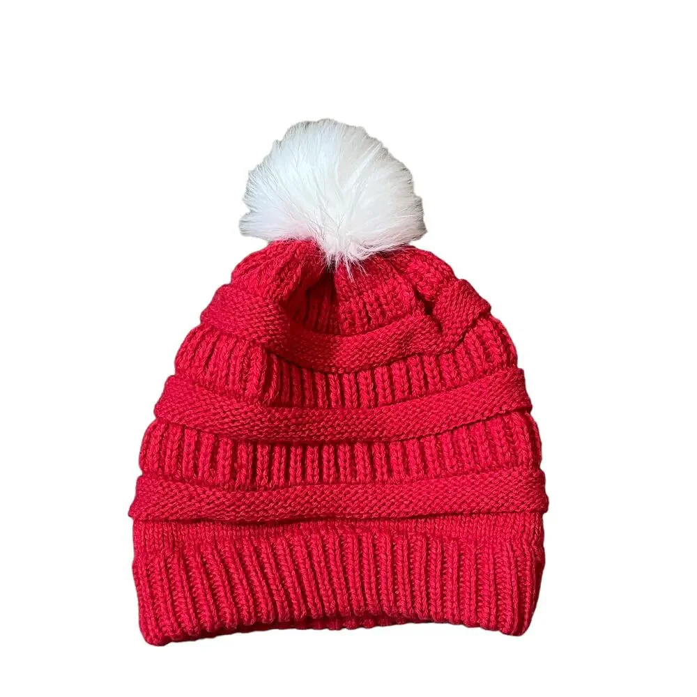 self esteem girls kids red pink Beanie Hat fur Pom pom one size